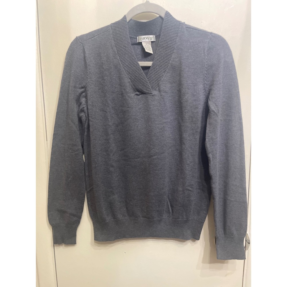 Orvis Womens Gray Wool Cotton Cashmere V-Neck Sweater Size Small RN 70534